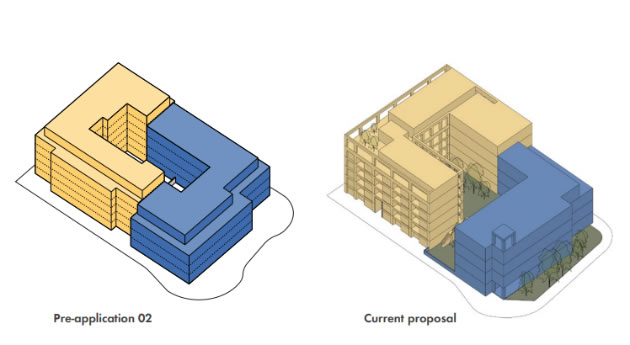 Design shown to the public last October on left and submitted design on right 
