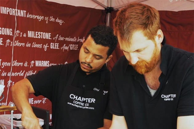 Cafe founders Vinny de Oliveria and George Thornton making coffee