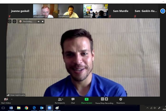 Chelsea captain César Azpilicueta taking part in a Zoom meeting with local schools