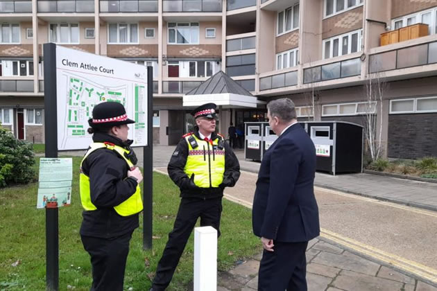 Cllr Stephen Cowan (right) talks to LET officers working on the Clem Attlee Estate