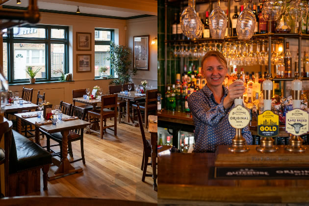 The dining room of the Fulham Arms and the bar 