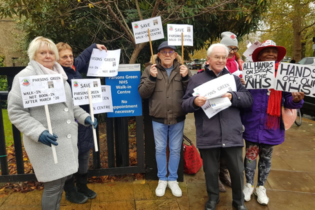 Save Our NHS campaigners at Parsons Green Walk in Centre (third from right) Jim Grealy