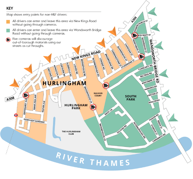 A map of the restricted roads in South Fulham 