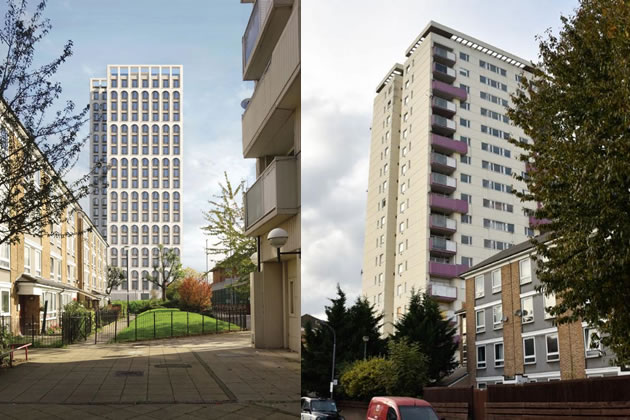 Visualisation of new building (left) and the block on the site demolished in 2017 (right) 