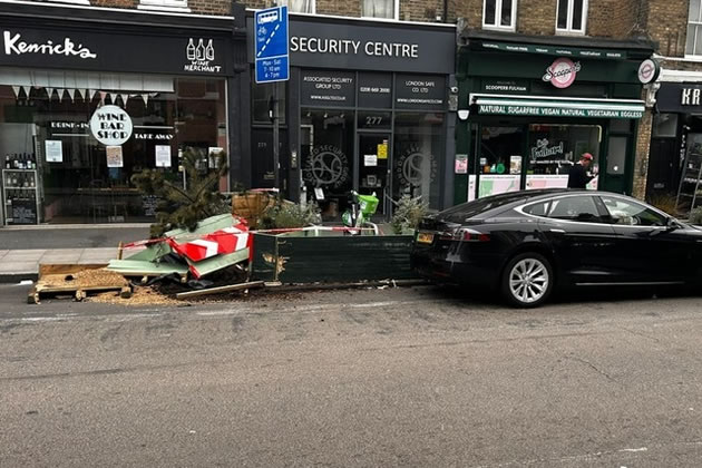 Smashed planter on Wandsworth Bridge Road
