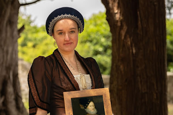 Rosie Loughlin with a portrait of Edward de Vere