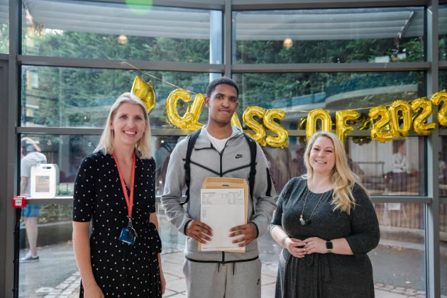 Left to right - Anne Stephenson, head of sixth form at Ark Burlington Danes Academy with A* student Mohammed Walid and Cllr Alex Sanderson 