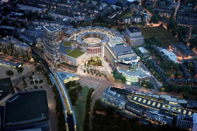 Aerial view of Television Centre in White City and the surrounding area