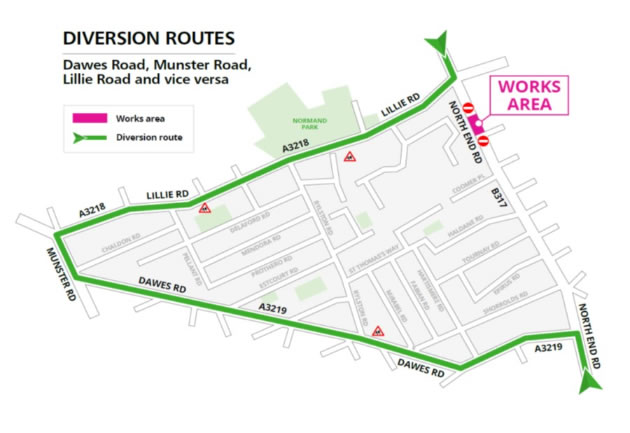 Map of the diversions due to North End Road closure