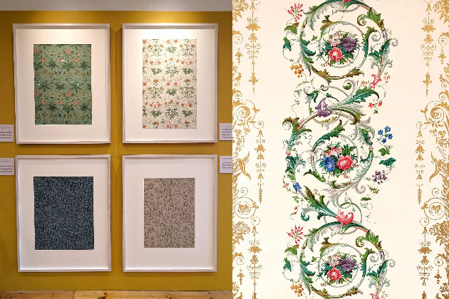 Displays at the exhibition (left) and Flowers and Rococo Scrolls, c. 1850, William Woollams and Co. (right)